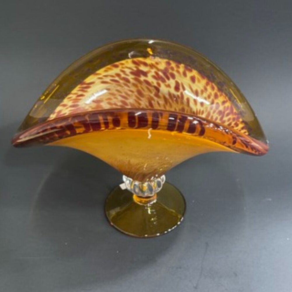 Murano Speckled Amber Hand-Blown Glass Folded Pedestal Dish - 6.5" H x 8.5" W